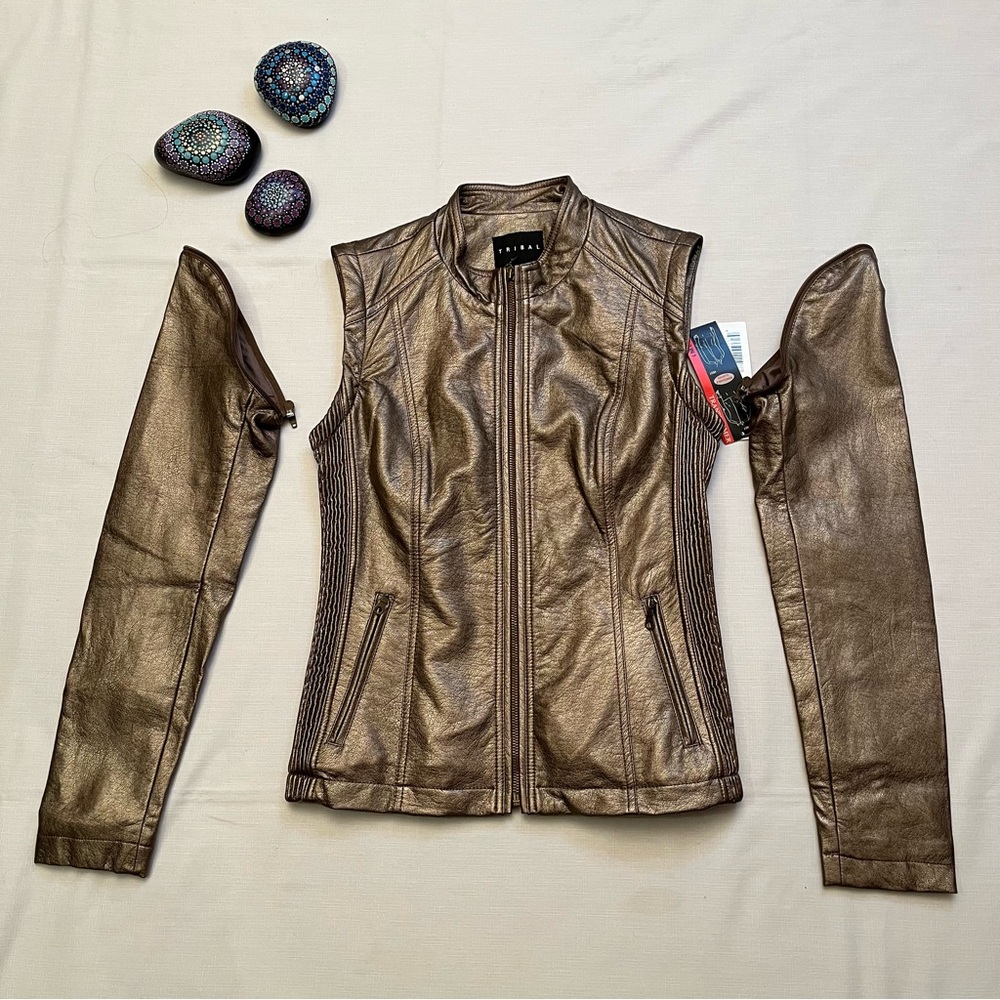 Tribal XS Gold Bronze Faux Leather Jacket Vest 2 in 1 Size 4 NWT